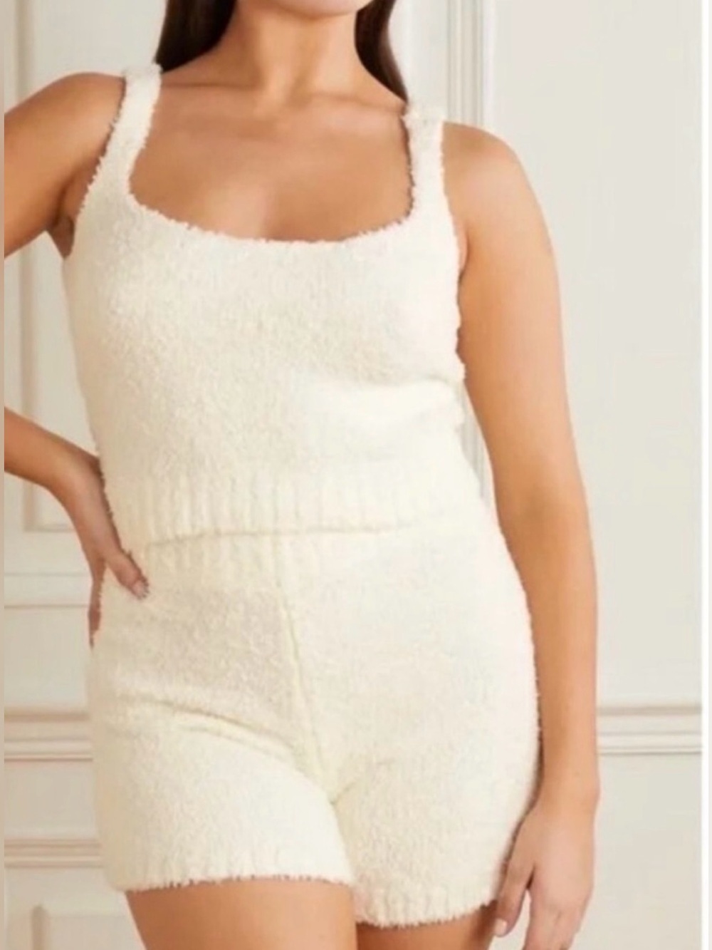 Skims Cozy White Fuzzy Tank & Shorts Set